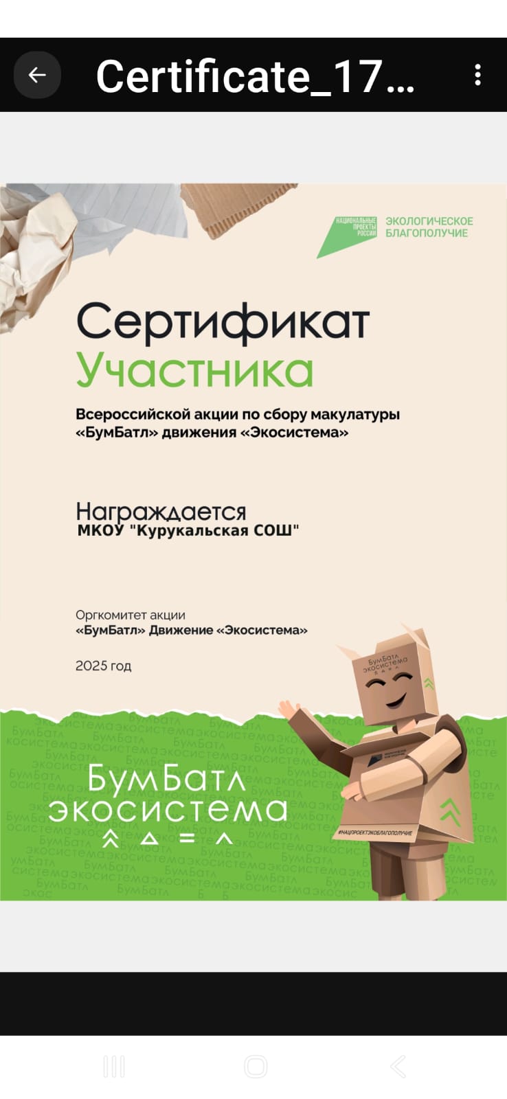 Сертификат участника Всероссийской акции по сбору макулатуры &amp;quot;БумБатл&amp;quot;.